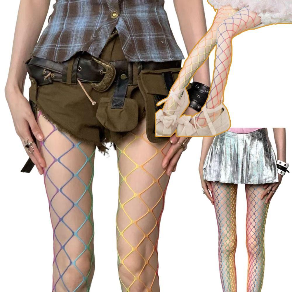 Y2K Rainbow Fishnet Stockings Large Mesh Sexy Mesh Stockings See-through Tights  Girls