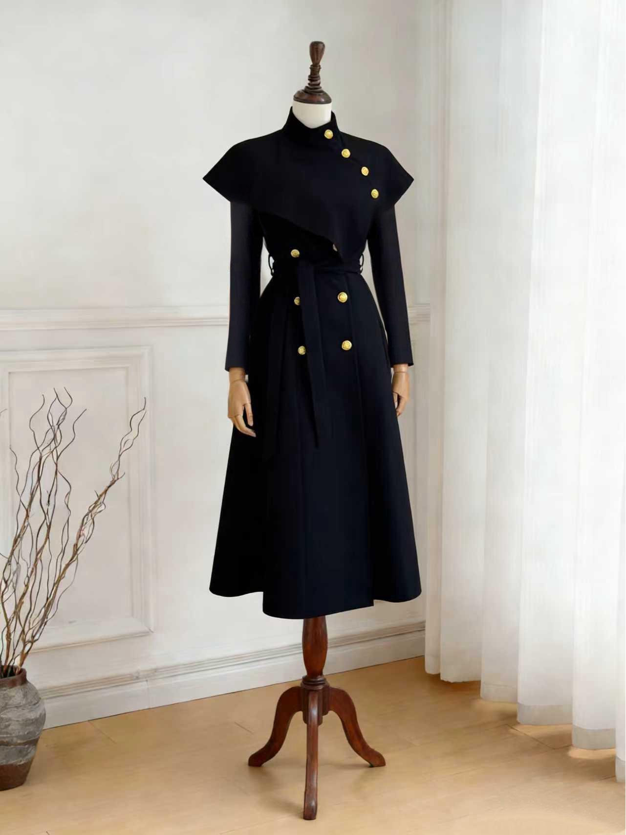 

Elegant Two-Piece Shawl Cape & Coat with Belt and Buttons - Fashionable Dress Style L чёрный