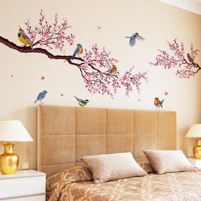 Sticker Mural Arbre Fleuri Fleur Rose Oiseau Imperméable PVC Amovible Salon