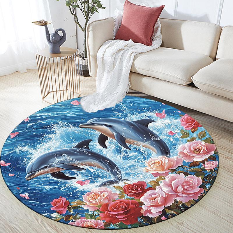 Dolphins Round Area Rug,Carpet Rug for Living Room Bedroom Sofa Playroom Decor,Non-slip Floor Mat