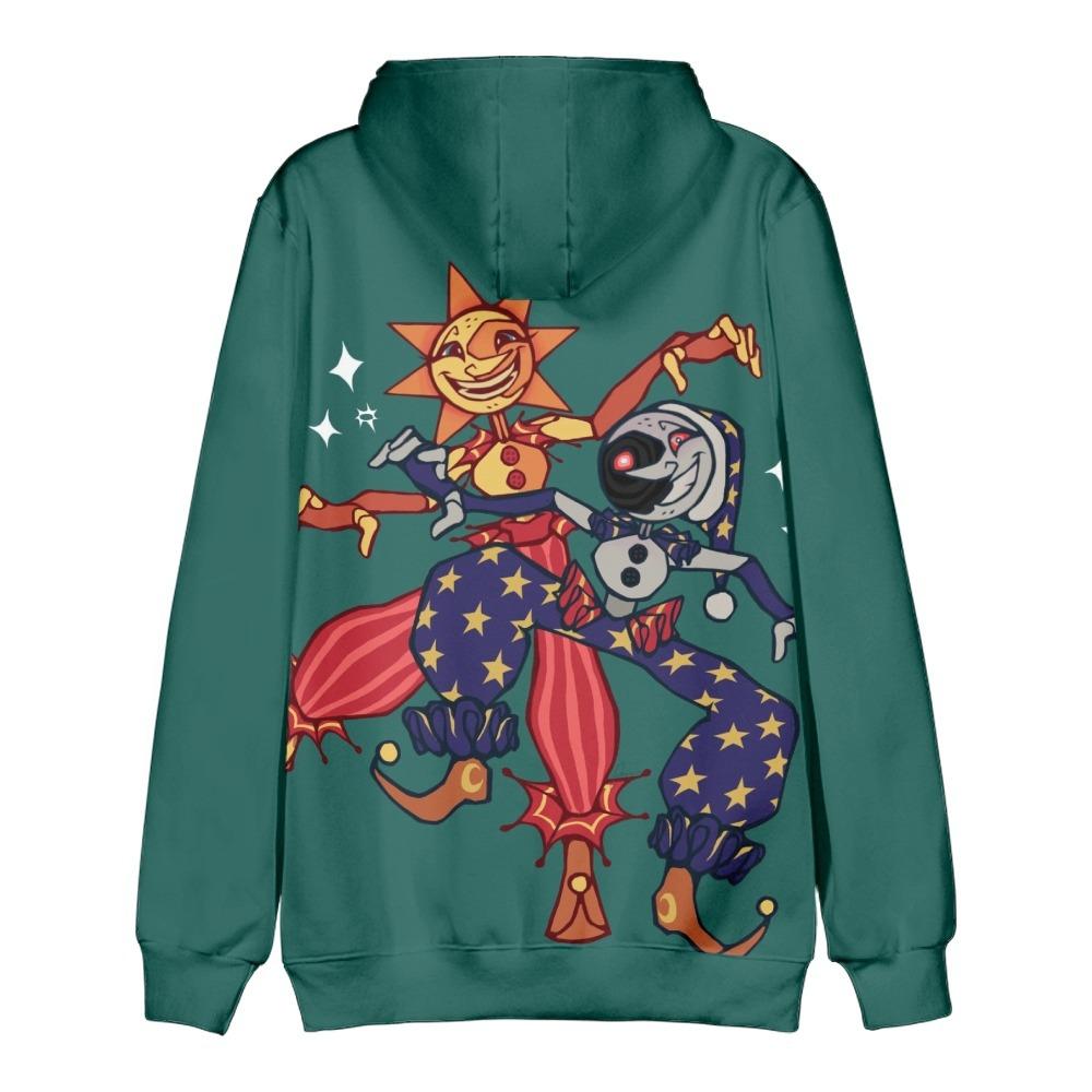 FNAF Security Breach Sun and Moon Hoodie, Sundrop Moondrop Anime 3D Print Pullover Hooded Sweatshirt for Game Fans