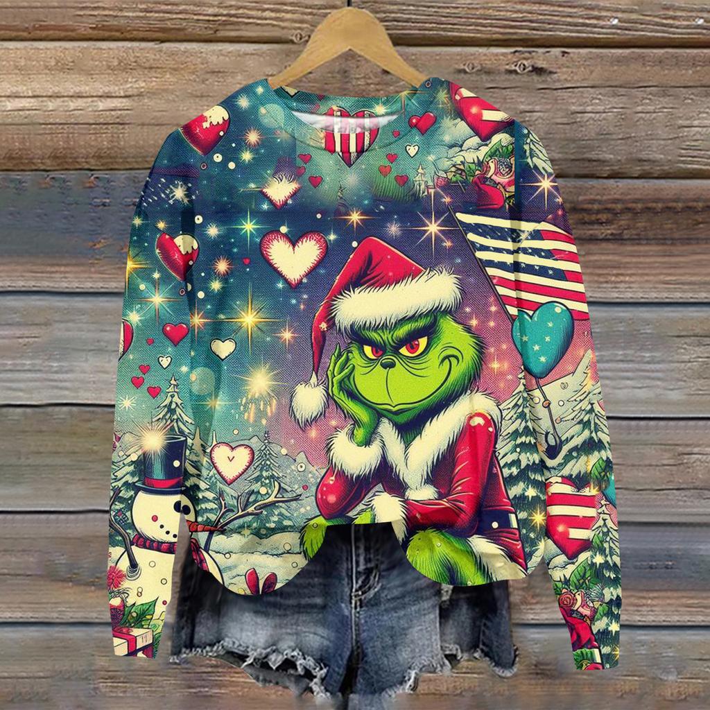 Ladies' Christmas Greentown Print Casual Long Sleeved Round Neck Sports Hoodie Top