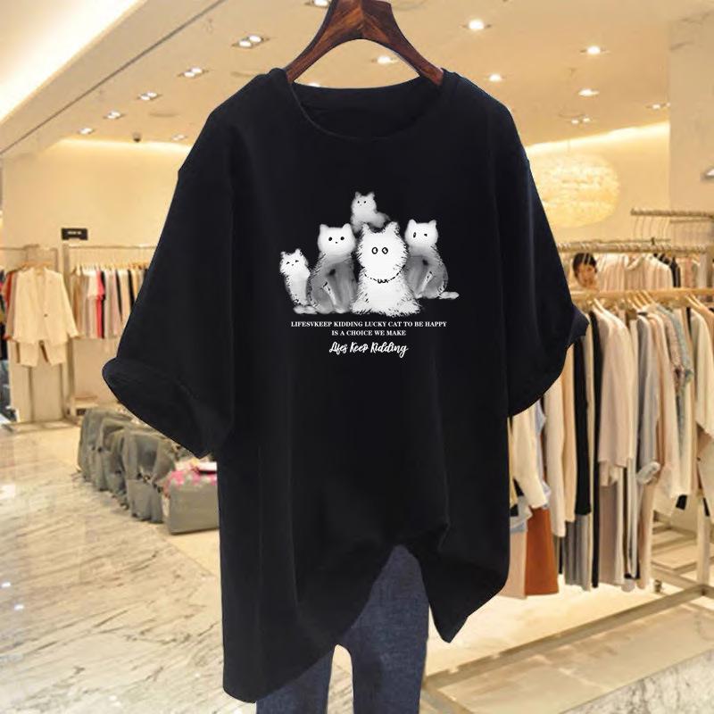 Women's Summer Cat Print Short Sleeve T-Shirt - Loose and Casual