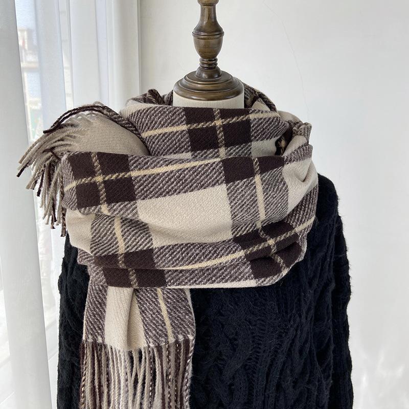 Plaid Scarf Women's New Autumn and Winter Fashion Imitation Cashmere Fringed Shawl Thickened Warm Scarf Windproof, Warm & Decorative, Casual Shawl