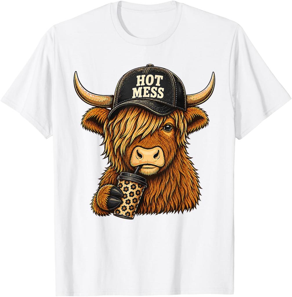 Hot Mess Highland Cow Funny Cute Coffee Lover Unisex T-Shirt