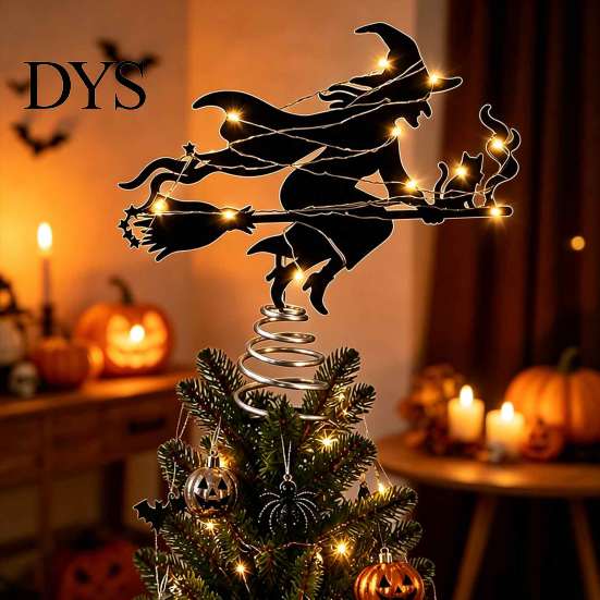 Witch Tree Decoration Halloween Topper, with LED Lights, Black Iron Indoor Decorations Art Silhouette Ornament, for Christmas And Holiday Party