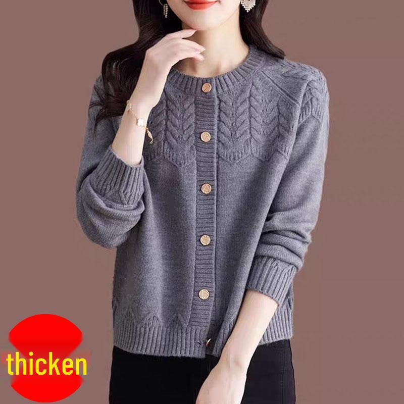 Women's Jacquard Knit Red Sweater Coat - Autumn 2025 Loose Round Neck Cardigan