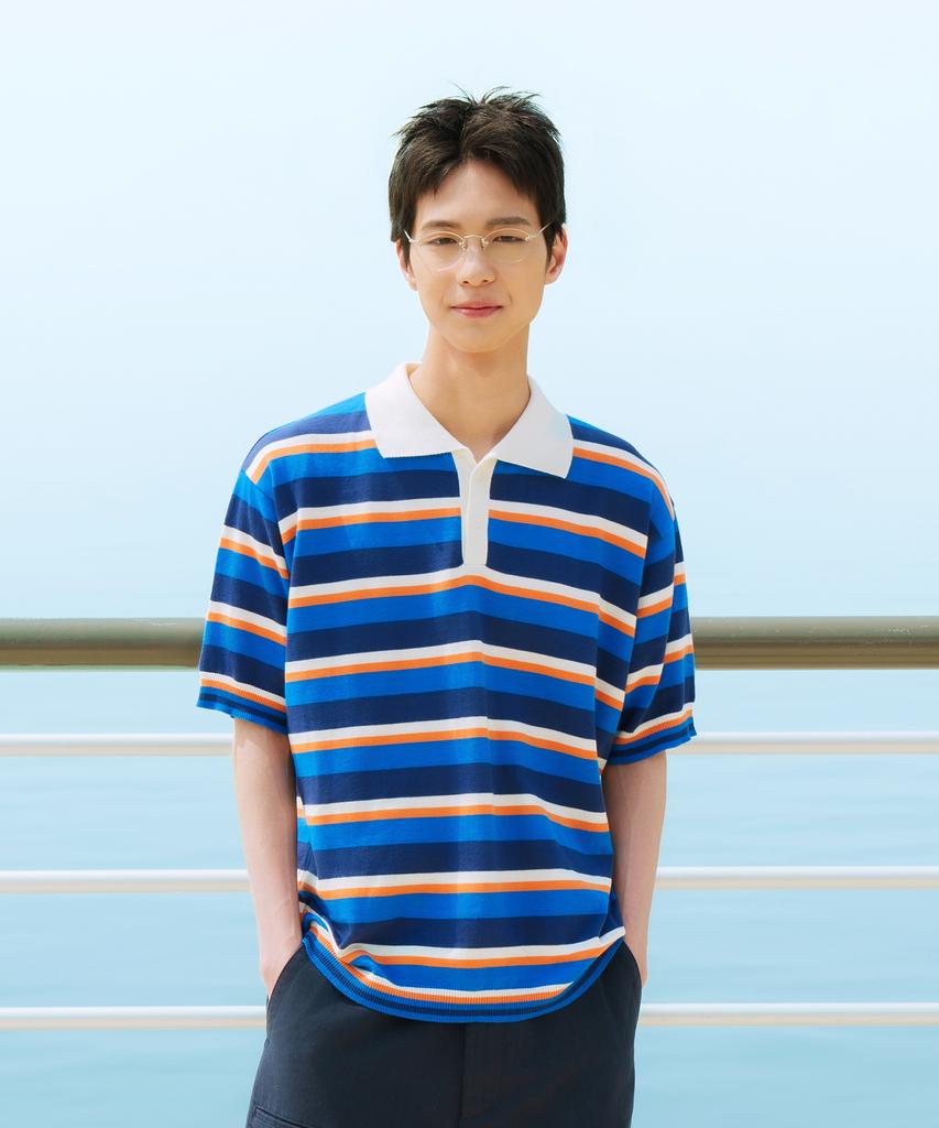 Pieseussi Retro Wave Stripe Collared Short Sleeve Knit _ Blue