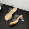 Transparent Heel High Leather Sandals Sheepskin Temperament Thick Heel Crystal Heels One Word with Slippers Outside Wearing Sandals