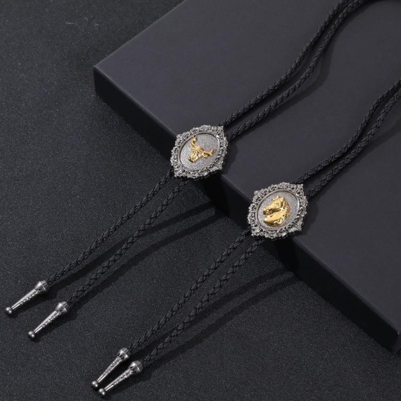 Handmade Jewelry Bolo Tie Western Cowboy Artificial Leather Rope Necktie with Vintage Cow Horse Badge Pendant Necklace
