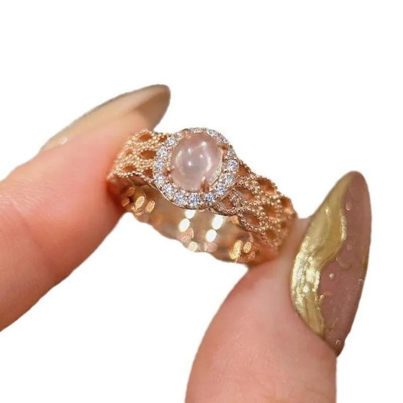 High quality hollow lace rings for women Light luxury romantic rose-golden Beautiful pink ring wedding Zircon