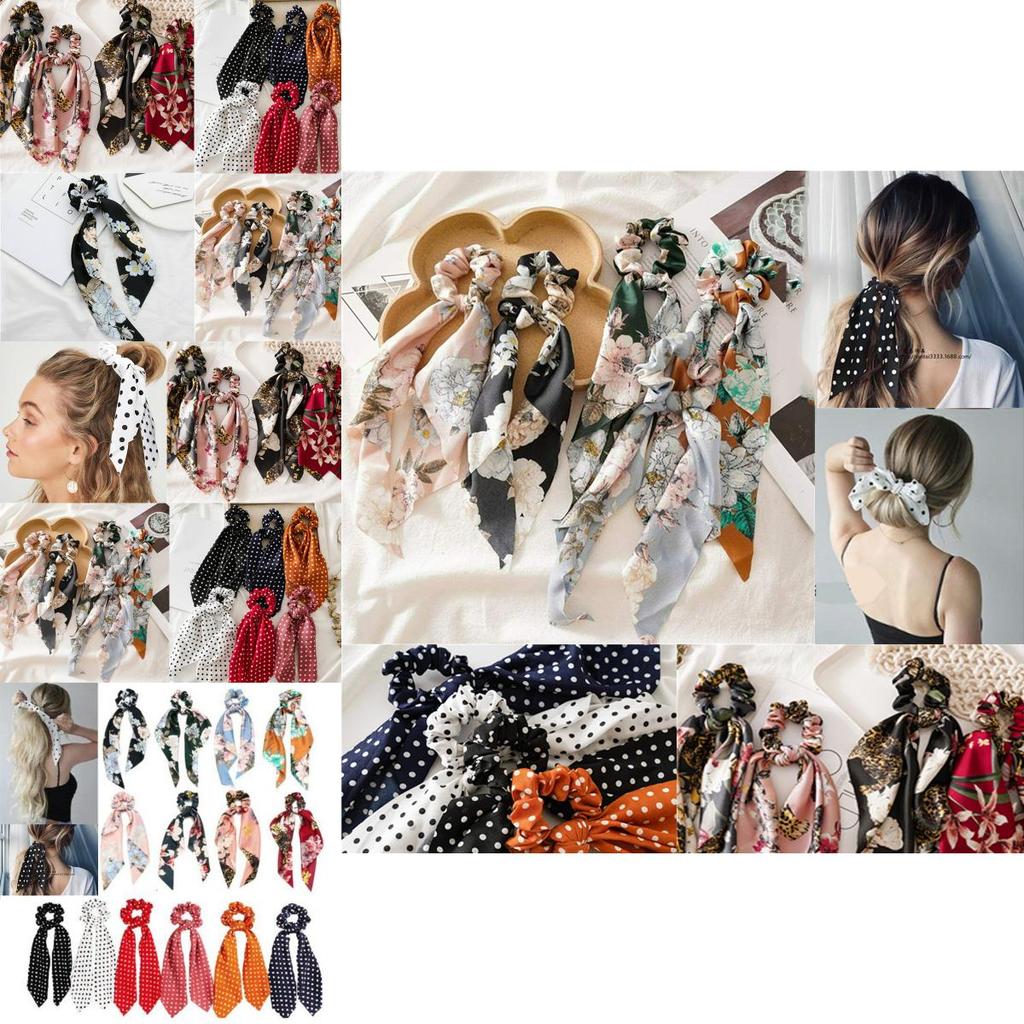 Elegant Floral Hair Bow Scrunchie Scarf With Boho Elastic Hairband And Ribbon Ties