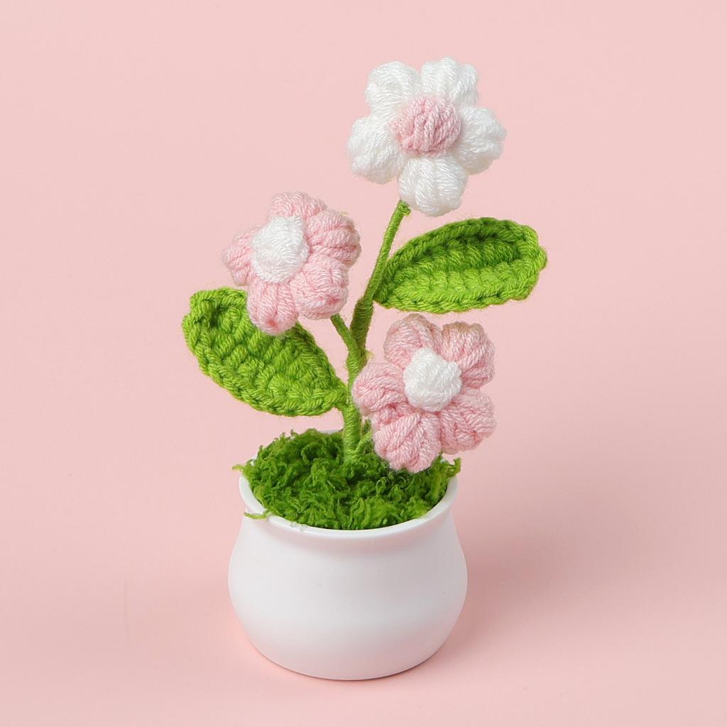 DIY ručně tkané mini květinové růže v květináči kancelářská plocha okrasné rostliny v květináčích vlněná nit Hotový výrobek Domácí dekorace