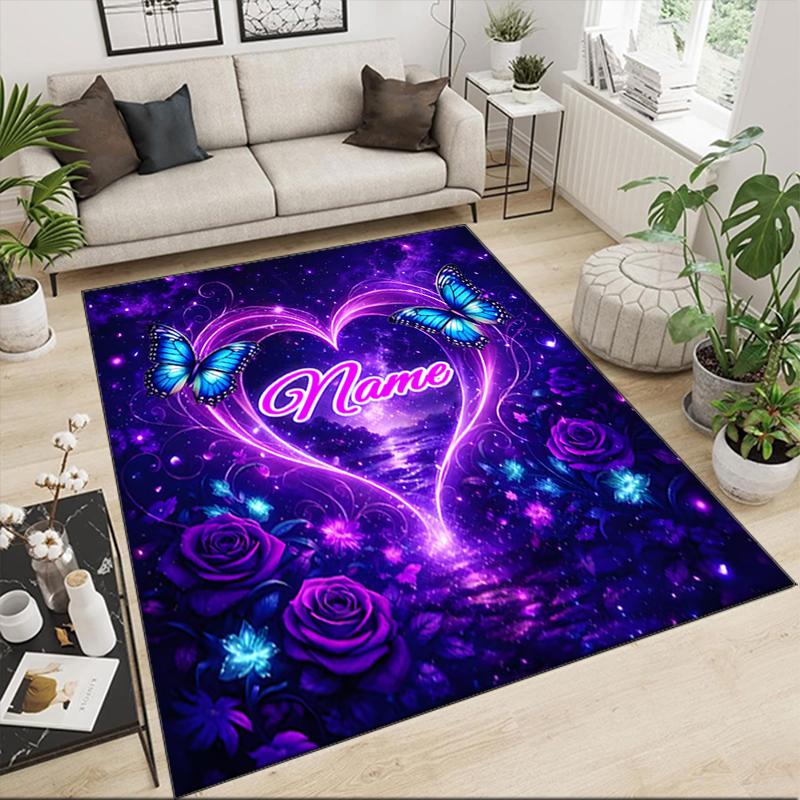 1PC Custom Name Butterflies Heart Theme Floor Mat Ideal for Living Room, Game Rooms, Office, Bedroom,Floor Mat Playful Design