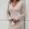2024 Autumn Women's Knitted V-Neck Dress with Hollow-Out Design and Solid Color Long Sleeves
