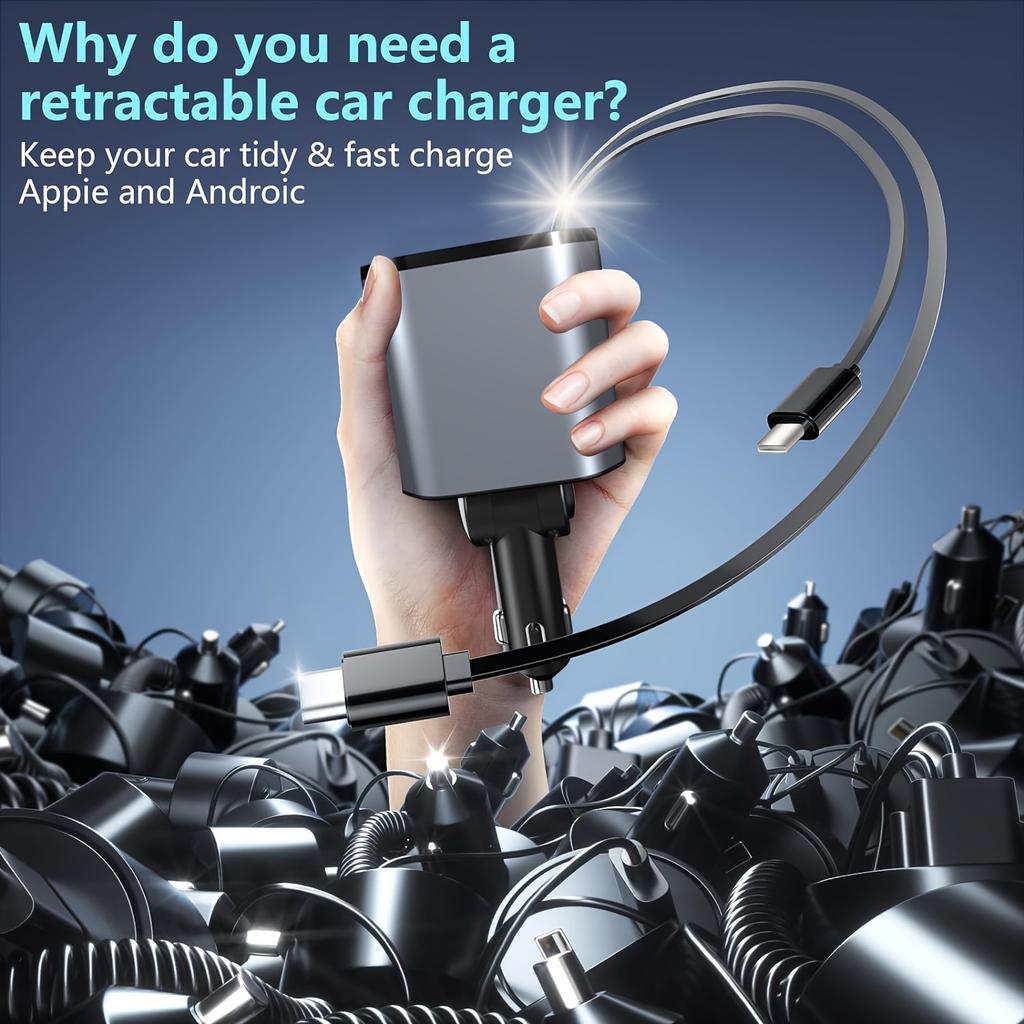 4 In 1 Car Charger 120W Super Fast Charging PD 3.0 with LED Display Cable  Power Adapter for IPhone 16 15 14 13 Pro Xiaomi Samsung