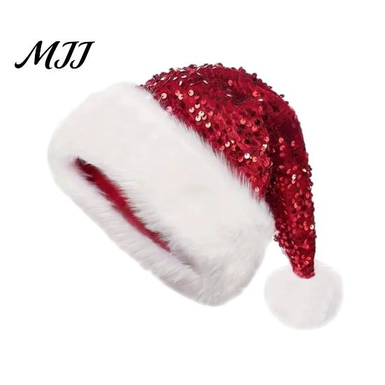Cozy Holiday Costume Accessory Christmas Sparkly Sequins Santa Hat for Adults, Velvet Plush Glitter Bling Universal Fit Claus with Fluffy Pompom Xmas