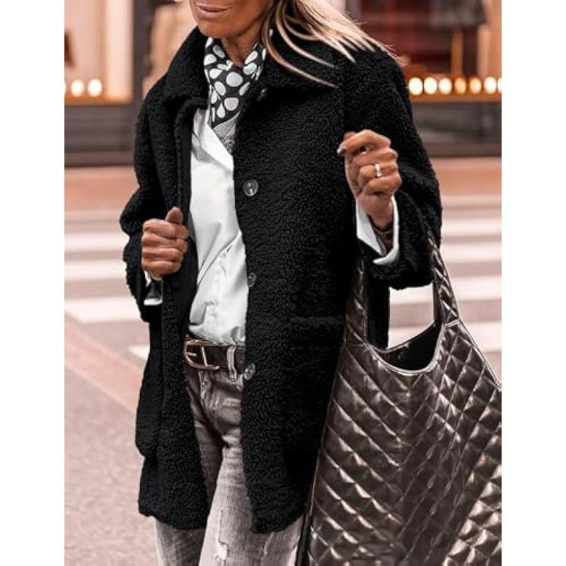 Lamb Wool Coat for Women Long Sleeves Turndown Collar  Medium Length Cotton Jacket Solid Color Warm Comfortable Autumn and Winter