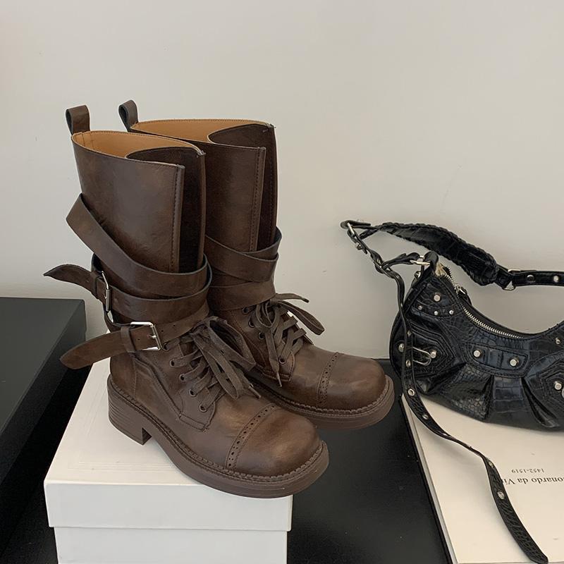 Fashion Designer Thick Heel Women Mid Calf Boots Fashion Ladies Belt Buckle Knight Booties botas de inverno feminina