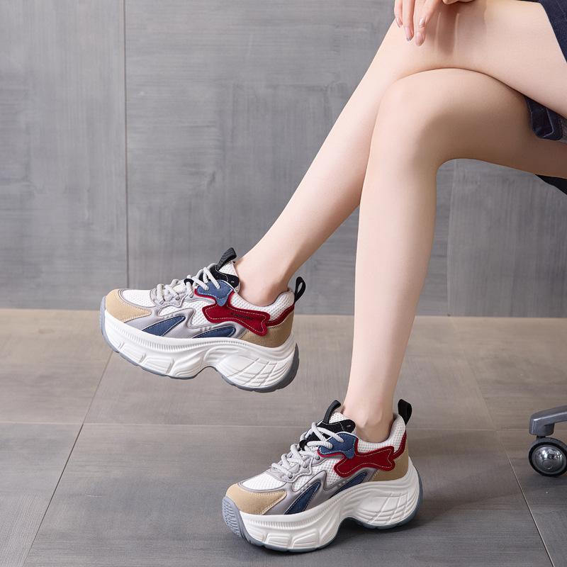 Height-increasing Dad Shoes Women's 2025 New Autumn Leather Thick-soled Mesh Breathable Little White Shoes Small Casual Women's Shoes