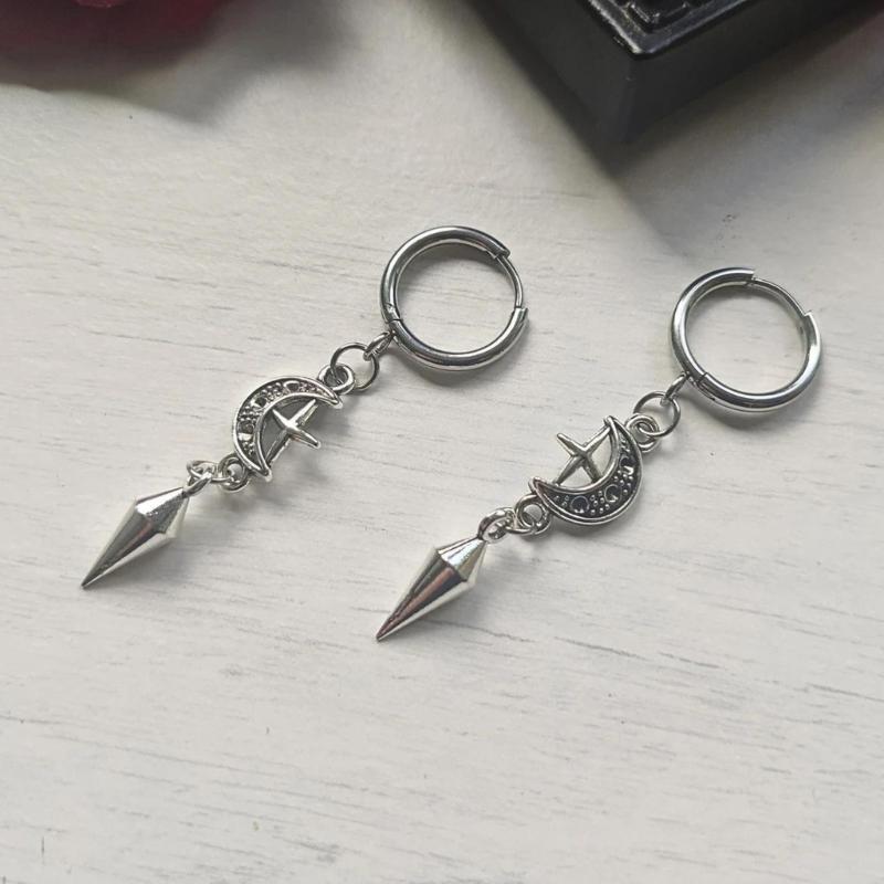 Gothic Spikes Earrings with Moon and Star Pendant Comfortable Ear Hoops Stylish Punk Accessories for Women Man