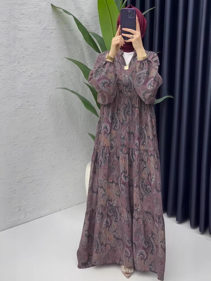 

2025 Европейская и американская летняя мода Принт Женское платье с длинным рукавом свободного кроя M лаванды фиолетового