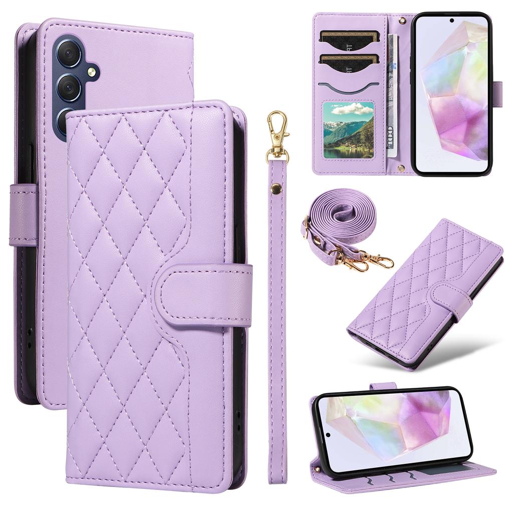 For Samsung Galaxy A35 5G Case Wallet Rhombus Leather Phone Cover with Shoulder Strap,Wrist Strap