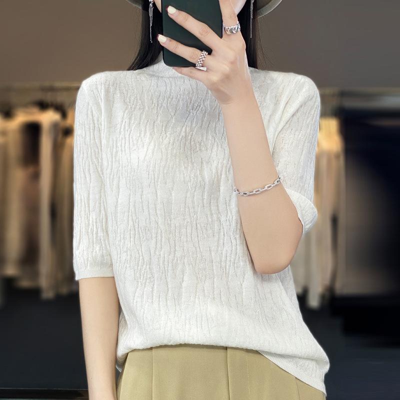 Women's Tight Fitting Knitted Turtleneck Sweater with Short Sleeves for Spring Autumn Versatile Undergarment