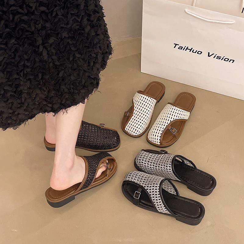 Weave Flats Mules Shoes Women Casual Sandals Summer Slippers Slingback 2025 Beach Slides New Trend Mujer De Sandalias