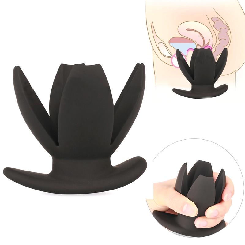 Top Silicone Flower Opening Butt Plug Expander for Men Woman Adult Erotic Sex Toys (Color: Black)
