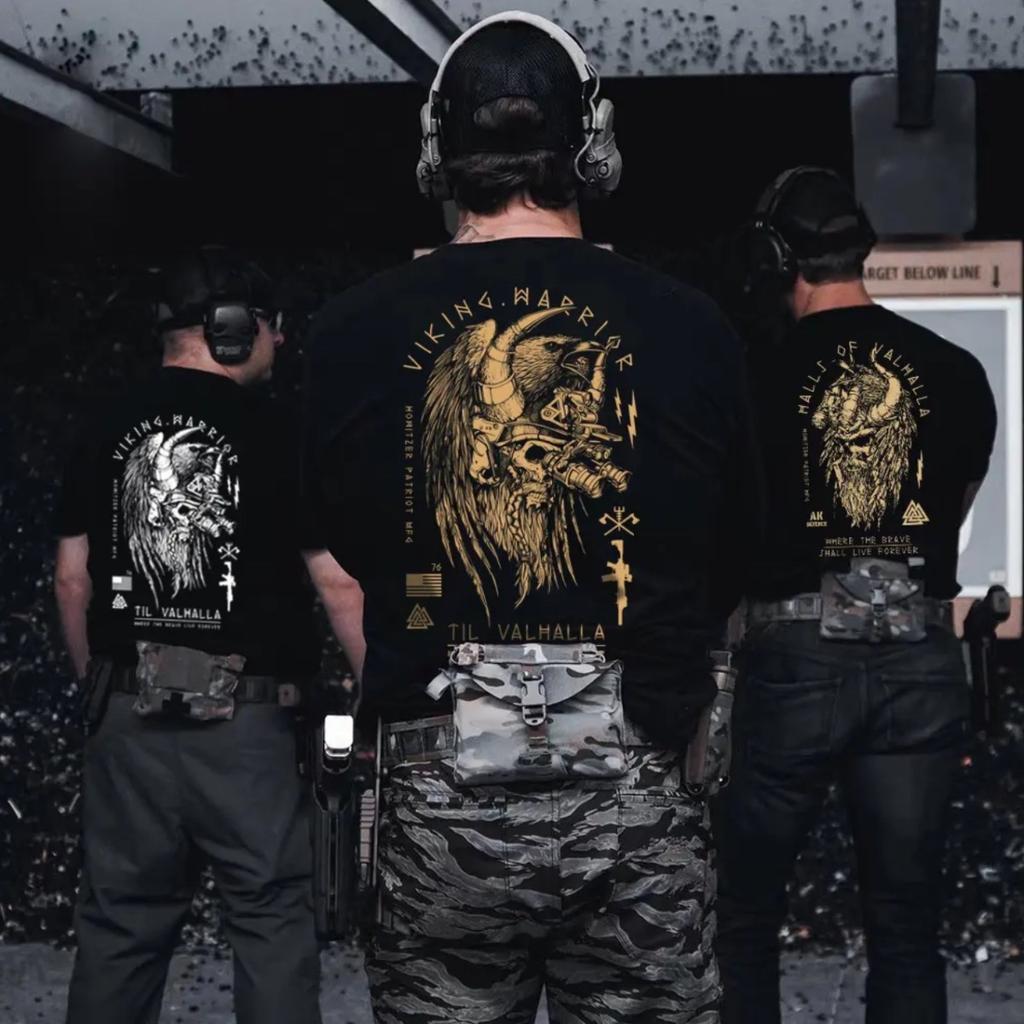 Nordic Mythology Printed Short Sleeve T-shirt Men Summer Tactical Army Fan Round Neck Half Slee
