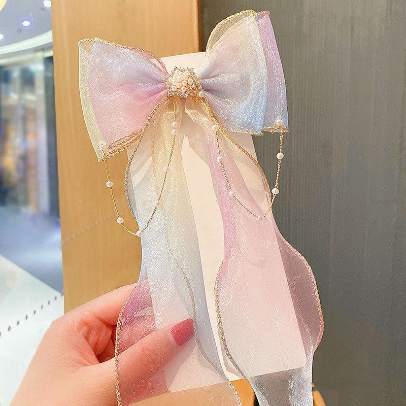 Baby Girls Cute Elegant Mesh Bow Ribbon Clips with Faux Pearl Tassel Decoration Hair Accessories for Party Performance