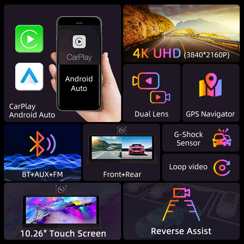 10.26"  Car DVR 4K Camera Wireless Carplay Android Auto Ai Screen Dashboard Dash Cam Dual Len GPS Navigation Video Recorder AUX