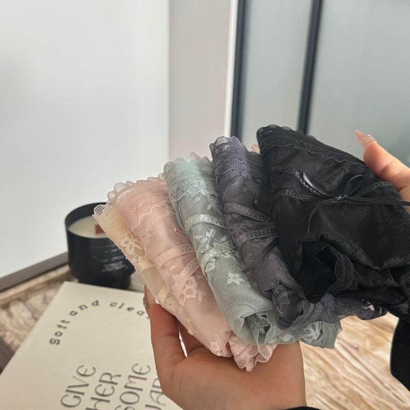 Damen Sommer Dünnes Modell Schleife Spitze Reine Baumwolle Transparent Mittelhoch Geschnittener Triangel-Slip