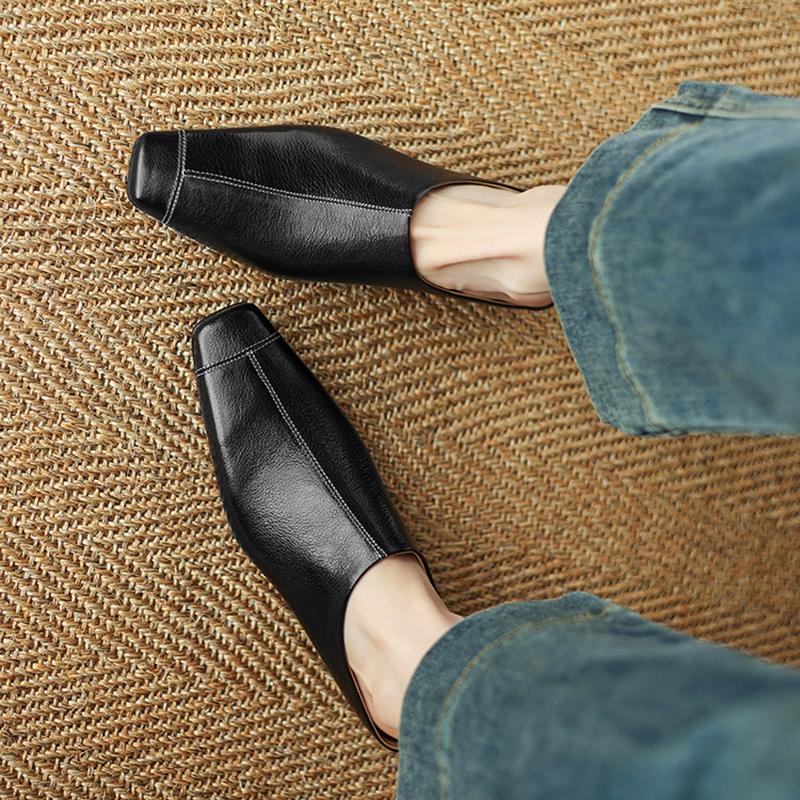Fashion NEW Summer Women Mules Genuine Leather Shoes for Women Cover Toe Height Increasing Slippers Square Toe Concise Sewing Sandals