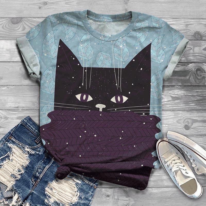 Women's 3D Cat Pattern Fresh Printed T-shirt 3D Printed Short Sleeved T-shirt
