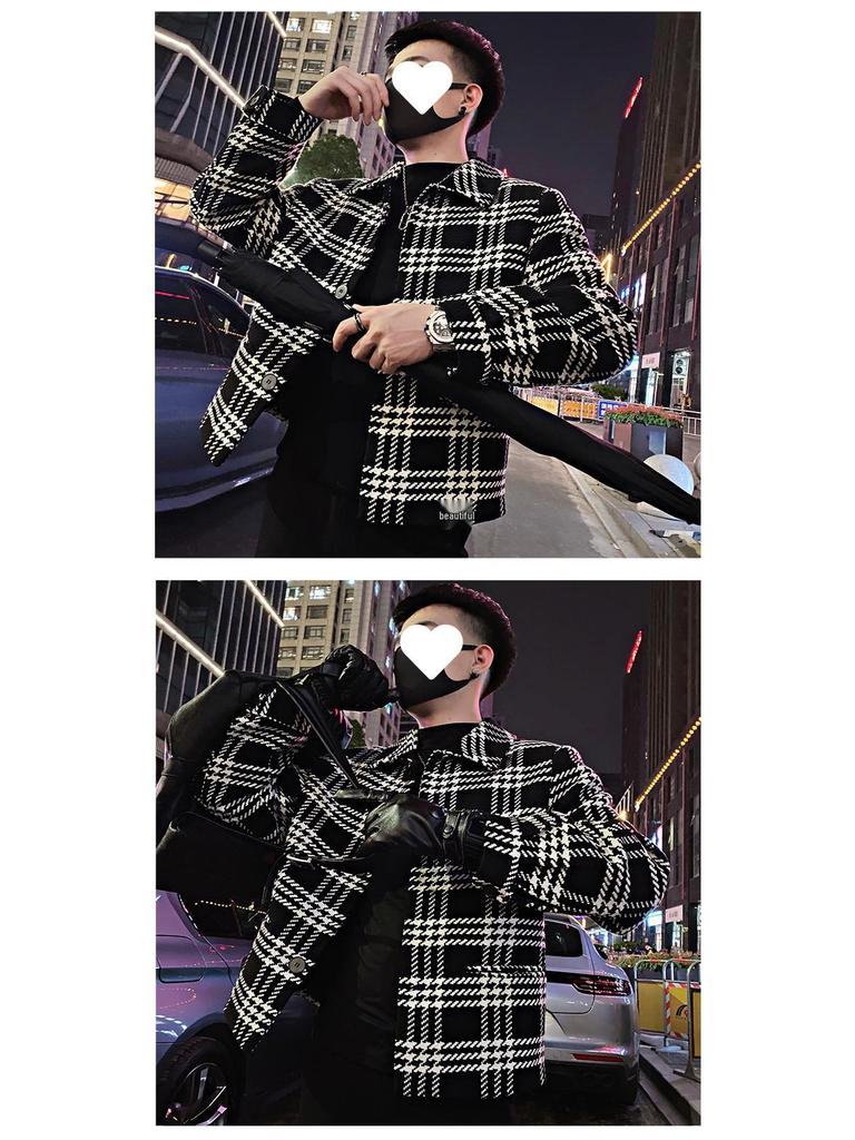 2025 Men's Autumn Plaid Jacket: Black & White Colorblock Outerwear for Young Men