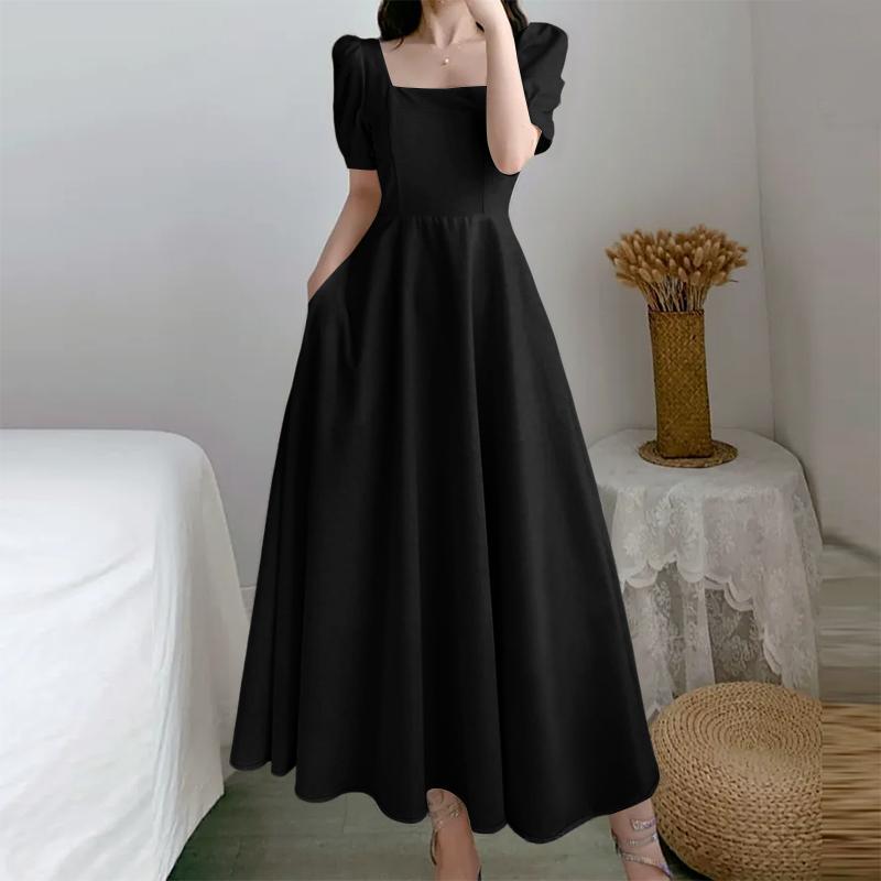 ZANZEA Women Casual Square Collar Elegant Short Sleeve Long Dress