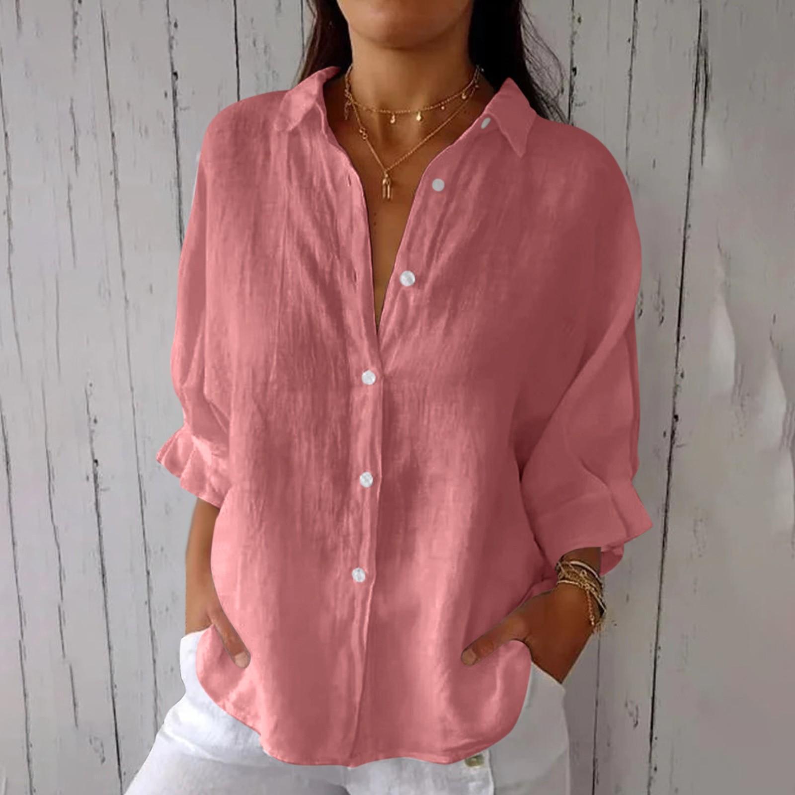 

Женская модная однотонная повседневная кружевная рубашка с рукавами 3/4 и отворотами сзади XXXXXL розовый