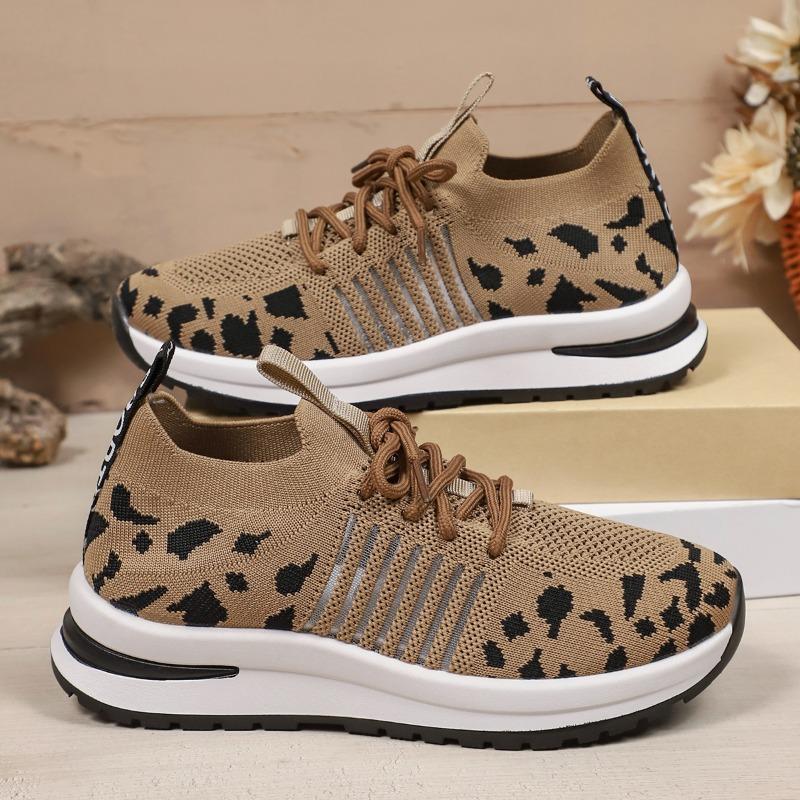 Fashion 2025 New Women Casual Shoes New Leopard Lace-up Sneakers Lightweight Mesh Breathable Casual Sports Shoes Women Running Shoes