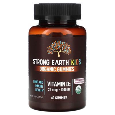 YumVs, Strength Earth Organic Gummies for Children, Vitamin D3, Strawberries and Raspberries, 25 Mcg (1,000 IU), 60 Gummies