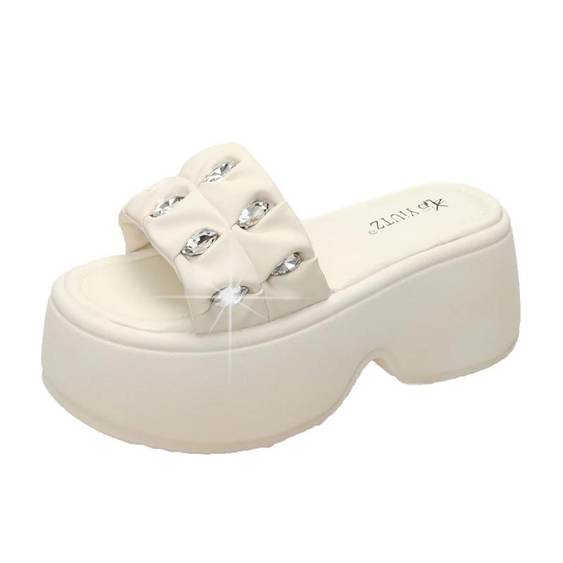 Fashion 8CM Women's Thick Bottom Slip-On Slippers New Summer Crystal Sandals Outdoor Chunky Flip Flops Casual Beach Slides Zapatos Mujer