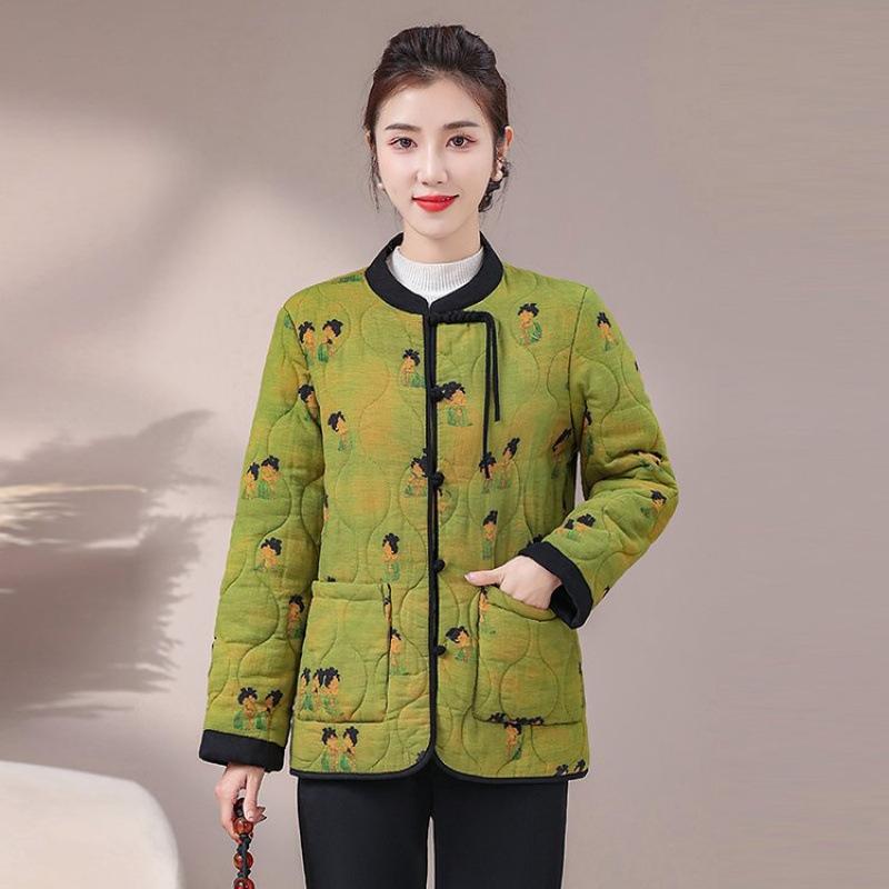 Button stand-up collar padded jacket for women's winter new retro printing padded padded padded jacket padded jacket