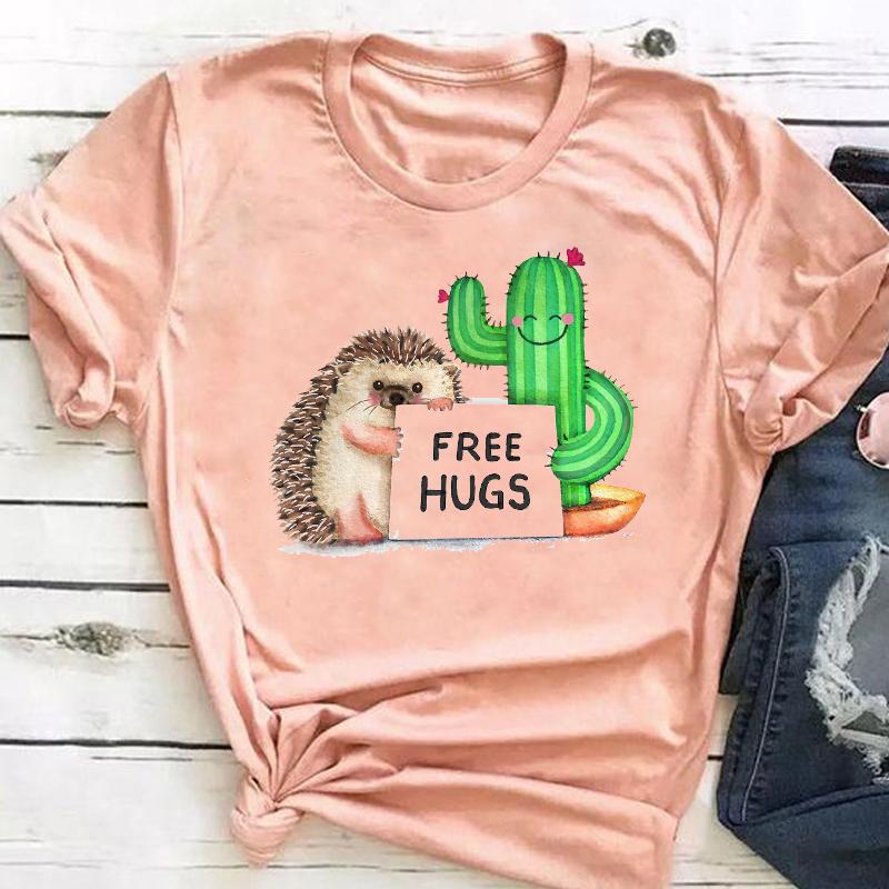 (Asian Size) Short Sleeve Print Cactus Trend Lovely Style Female T Clothing Summer Top Casual Ladies Graphic Tee Women's Fashion T-shirt