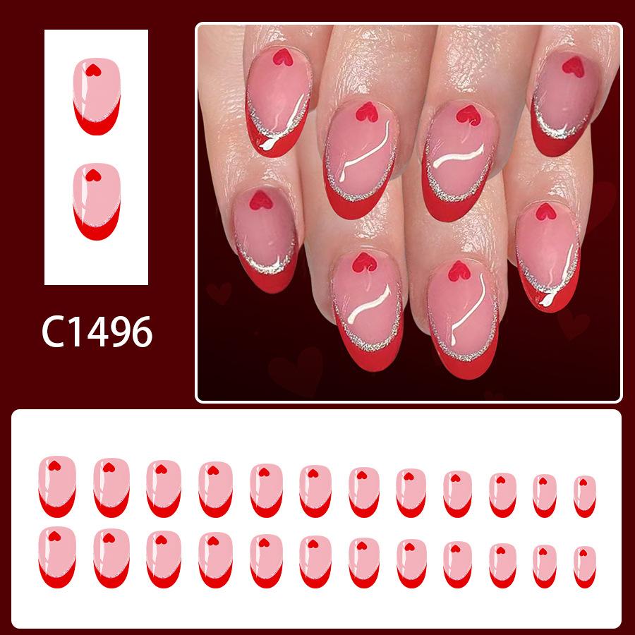 

Short Oval Red French Tip Press On Nails with Glitter Heart Design 24pcs Valentine Ins Style красный