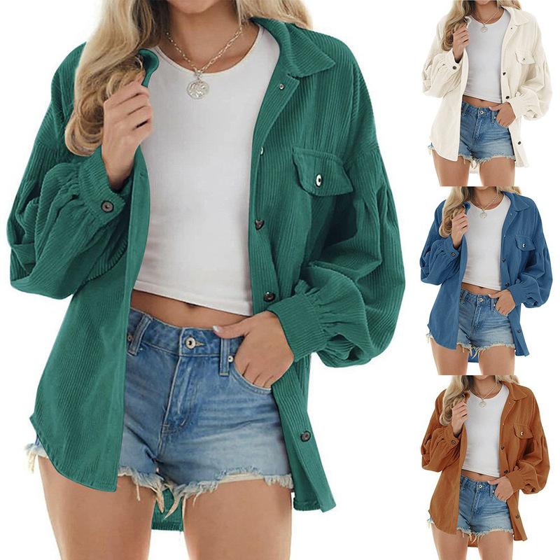 

YJKDYK Autumn Winter Women Corduroy Shirt 2 Pocket Lapel Single-breasted Thicken Blouses Female Casual Loose Tops Women Clothing S бежевий