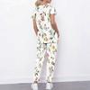 Women Plus Size White Floral Printed Scrub Set Cutout Neck Short Sleeve Pocket Top Long Pants
