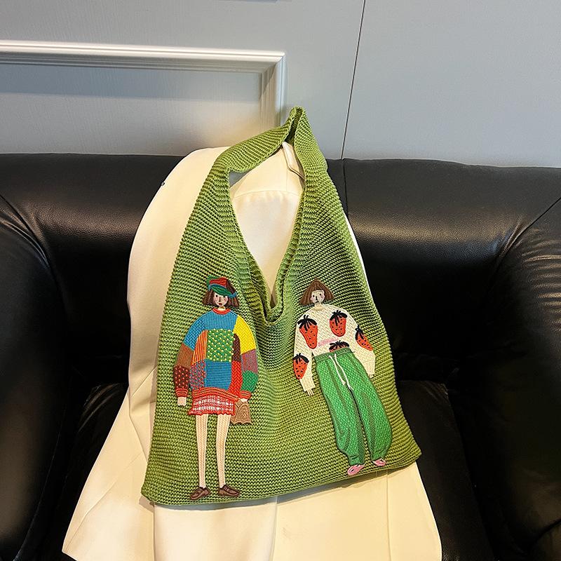 

Artistic Style Trendy Single Houlder Bag Newest Fashi Lazy Knitted Tote Bag Cute Carto Pattern Large Capacity Bag For Women зелёный