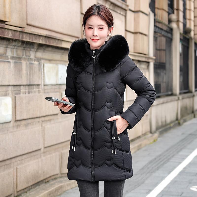 Medium and long down cotton-padded female slim-fitting and thin big fur collar down cotton-padded jacket