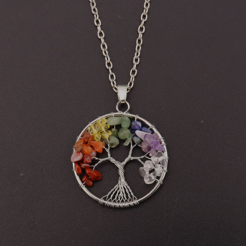 

7 Color Natural Stone Jewelry Crystal Gravel Fortune Tree Handmade Winding Tree Of Life Pendant Necklace Jewelry N171
